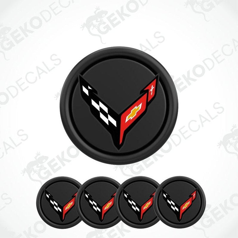 Set of black circular emblems with a red and white logo on a white background.