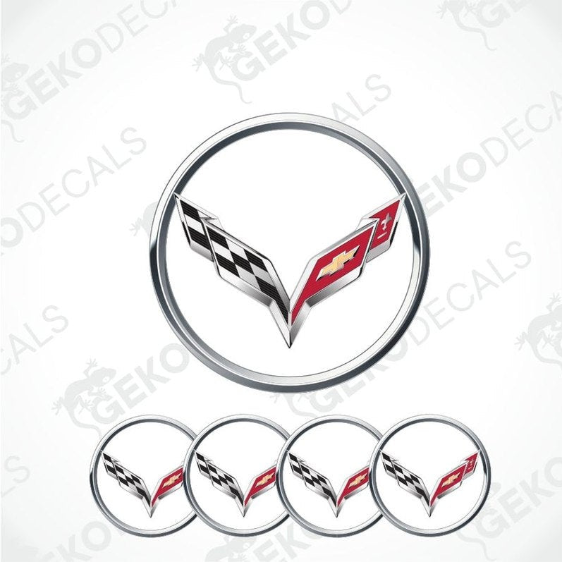 Chevrolet Corvette logo with a silver rim on a white background
