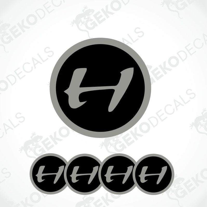 A set of four black vinyl stickers with the word 'HENNESSEY' designed in a specific font and arranged in a spiral pattern.