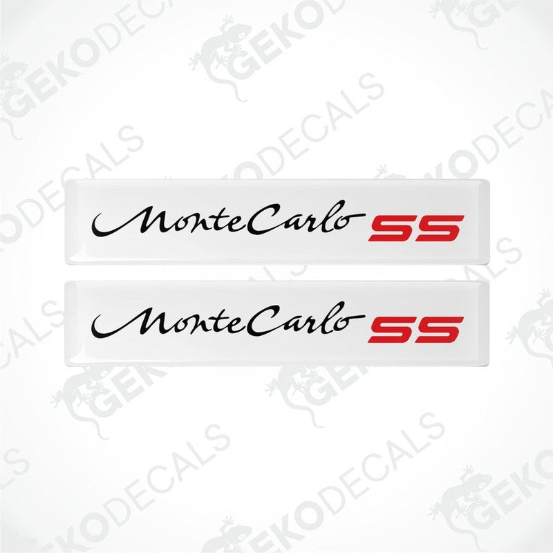 Two vinyl decals with polyurethane coating featuring the text 'Monte Carlo SS' in red on a white background.