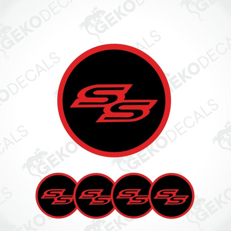Set of vinyl decals with the SS logo, predominantly red with black background, displayed on a white background.