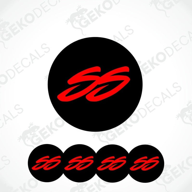 Set of four vinyl decals with a polyurethane coating featuring the SS logo in red on a black background, designed for use on car wheels.