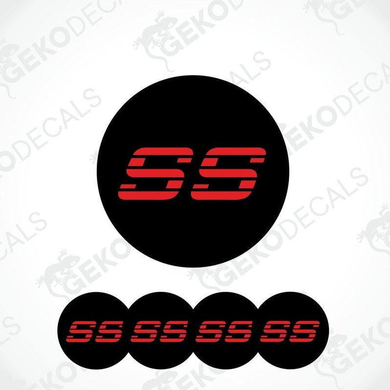 A set of four black vinyl stickers with the text 'SS' in red.