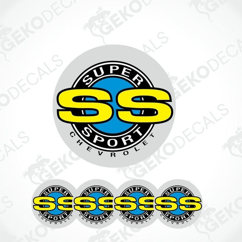 Set of four vinyl decals with 'SUPER SPORT' and 'SS' logo, predominantly in black, white, and yellow colors, designed for use on vehicle wheels or body.