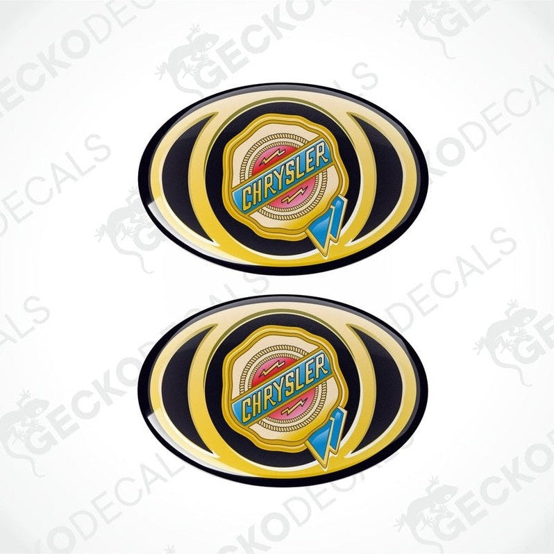 Two vinyl decals with polyurethane coating featuring the CHRYSLER logo in a multicolored design.