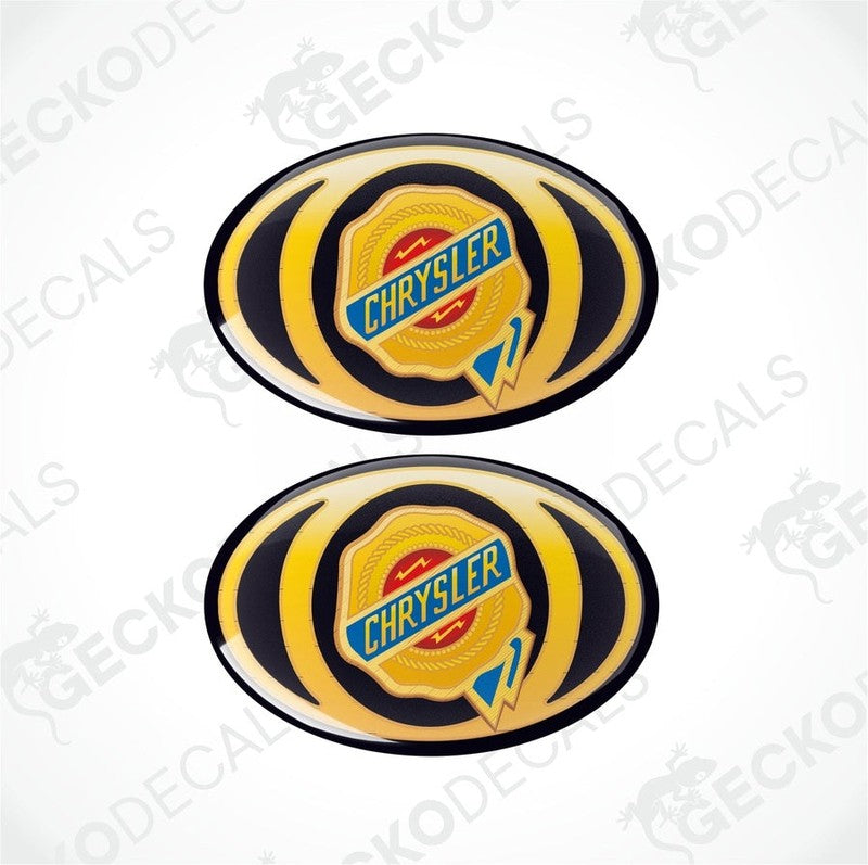Two oval vinyl stickers with a Chrysler brand logo and a blue, yellow, and red design.