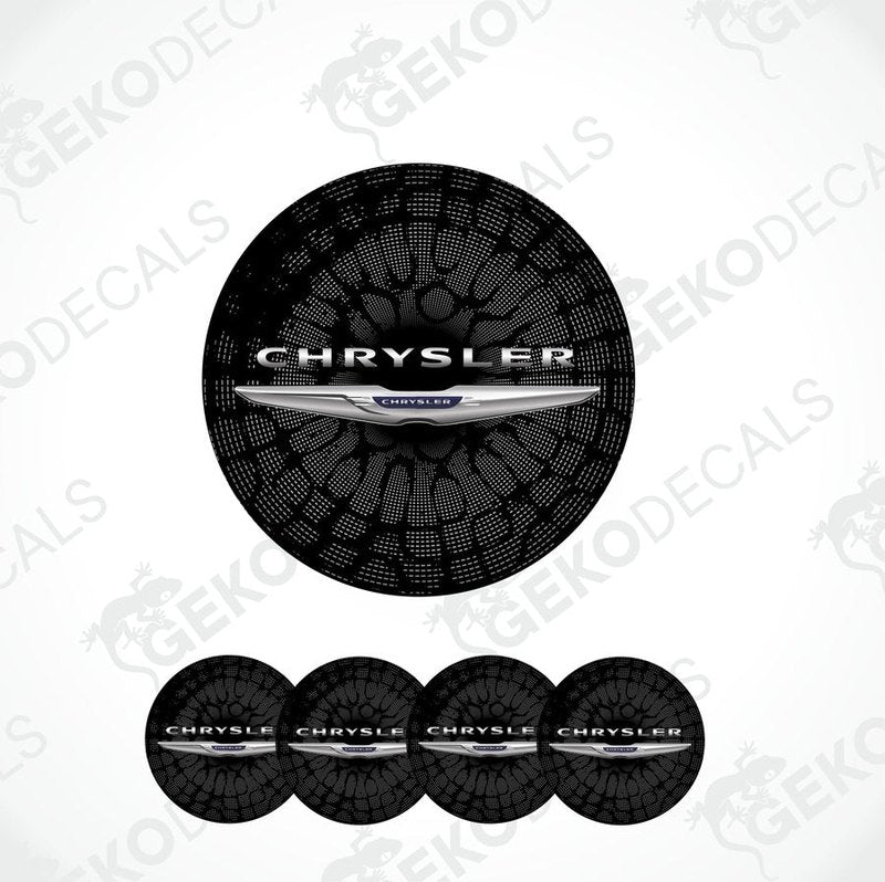 A set of black vinyl decals with the Chrysler logo, designed for use as car wheel stickers.