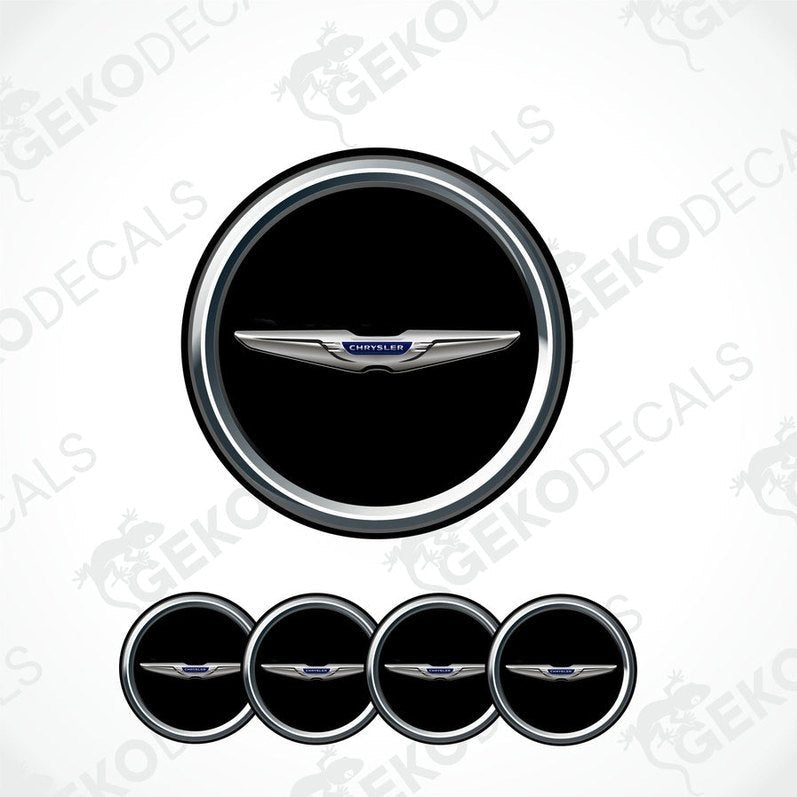 A set of four circular vinyl stickers with a CHRYSLER brand logo, designed for use on car wheels or caps.