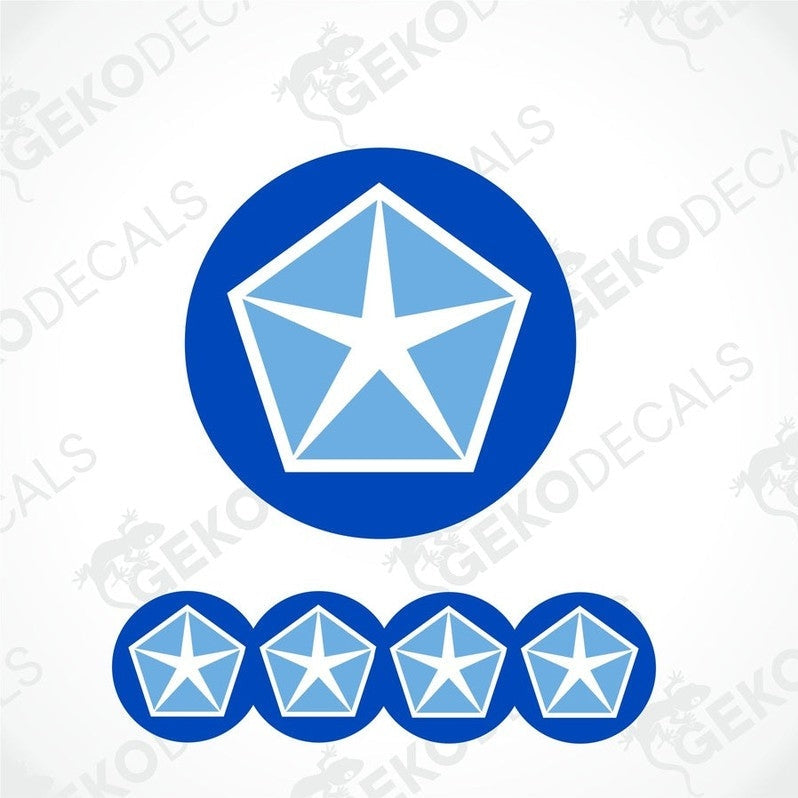 A set of four blue vinyl stickers with a white star and the word 'CHRYSLER' printed on them.