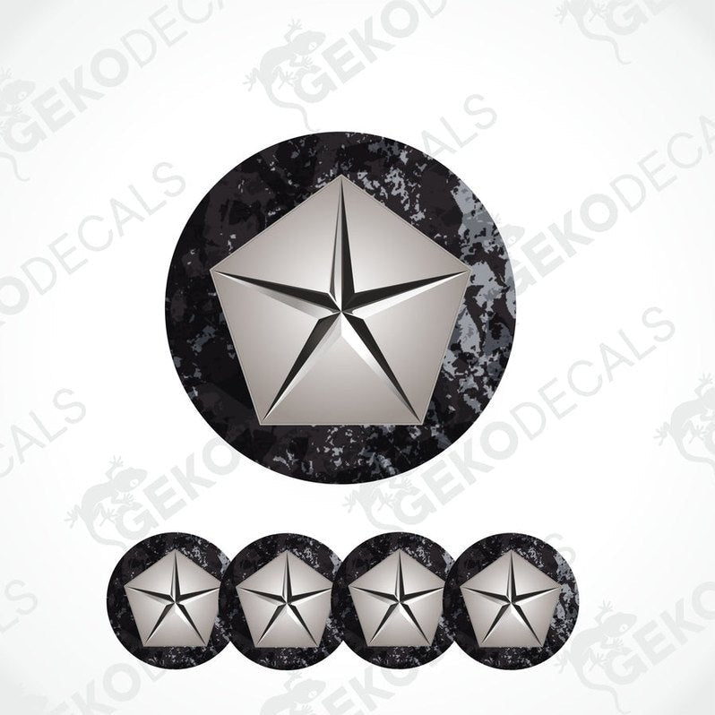 A set of four silver-colored vinyl stickers with a geometric star design, intended for use as car decals or wheel caps.