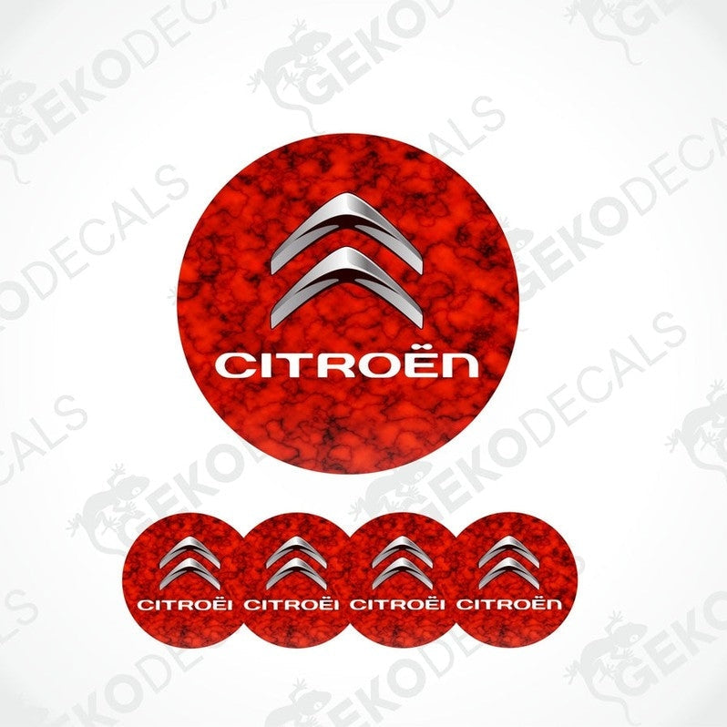 Geomeetrilise mustri ja CITROENi automargi logoga vinüülkleebiste komplekt, valdavalt punane mustvalgete aktsentidega.