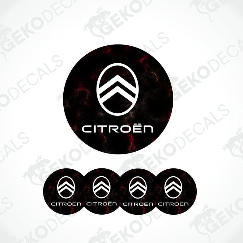 A set of four red and black vinyl stickers with the CITROEN brand logo on them.