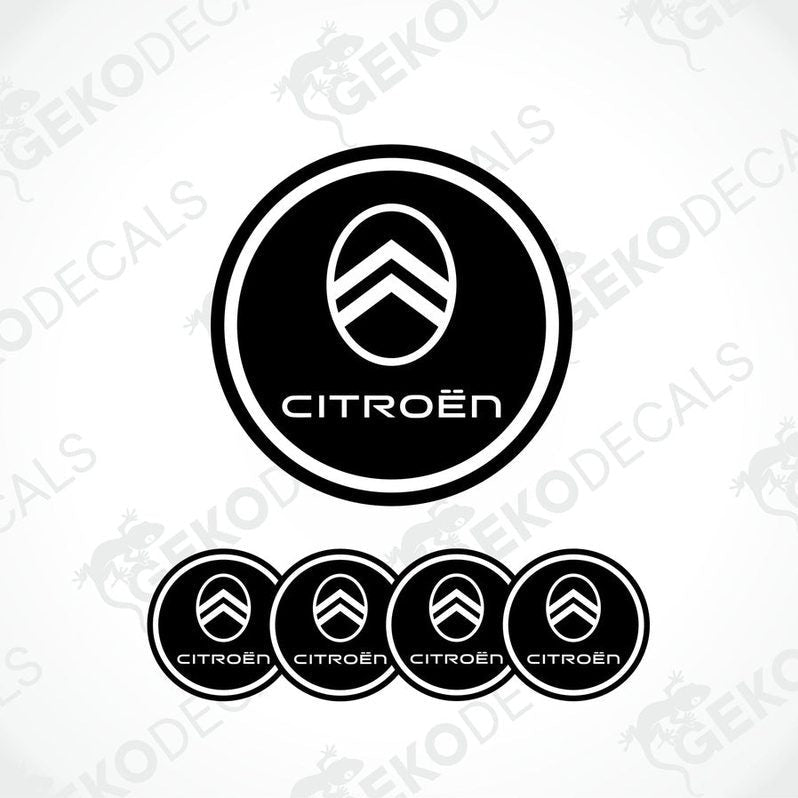 A set of four black and white vinyl stickers with the CITROEN brand logo.
