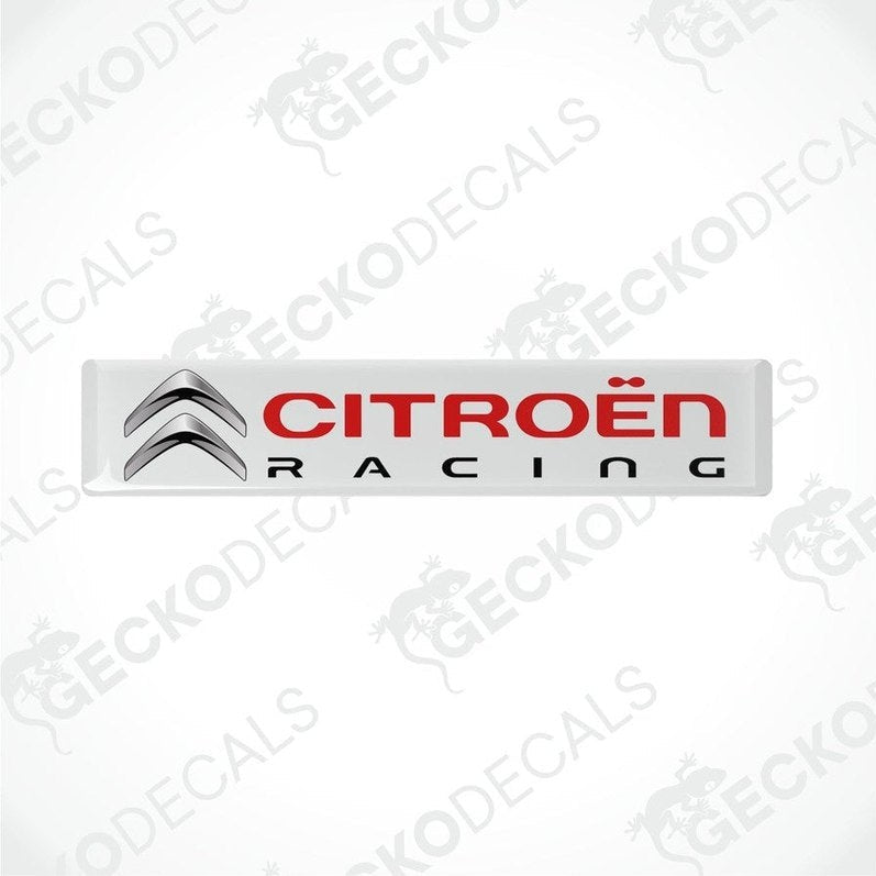 White, red, and white CITROEN RACING vinyl decals with a polyurethane coating.