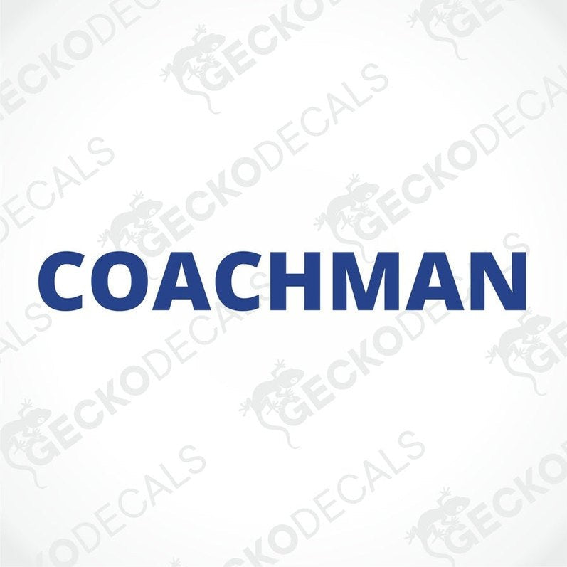 A die cut sticker with the text 'COACHMAN' on a white background, intended for use on vehicles.
