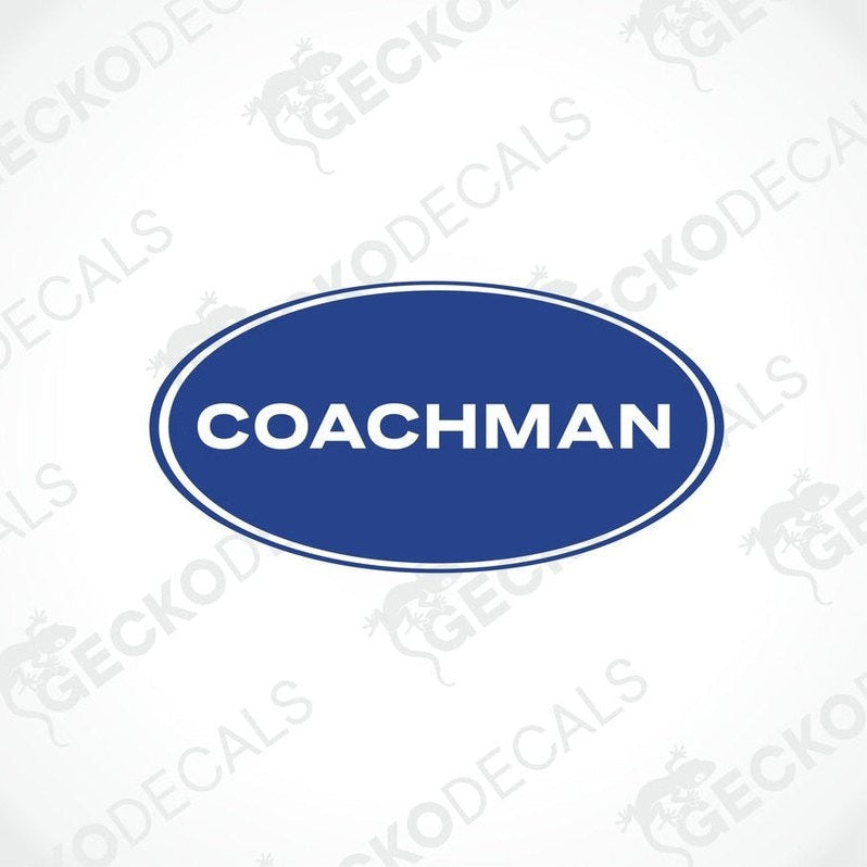 A blue oval-shaped sticker with the white text 'COACHMAN' centered inside the oval.