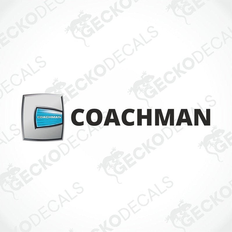 A die cut sticker with the word 'COACHMAN' printed on it, laminated and intended for use on a vehicle.