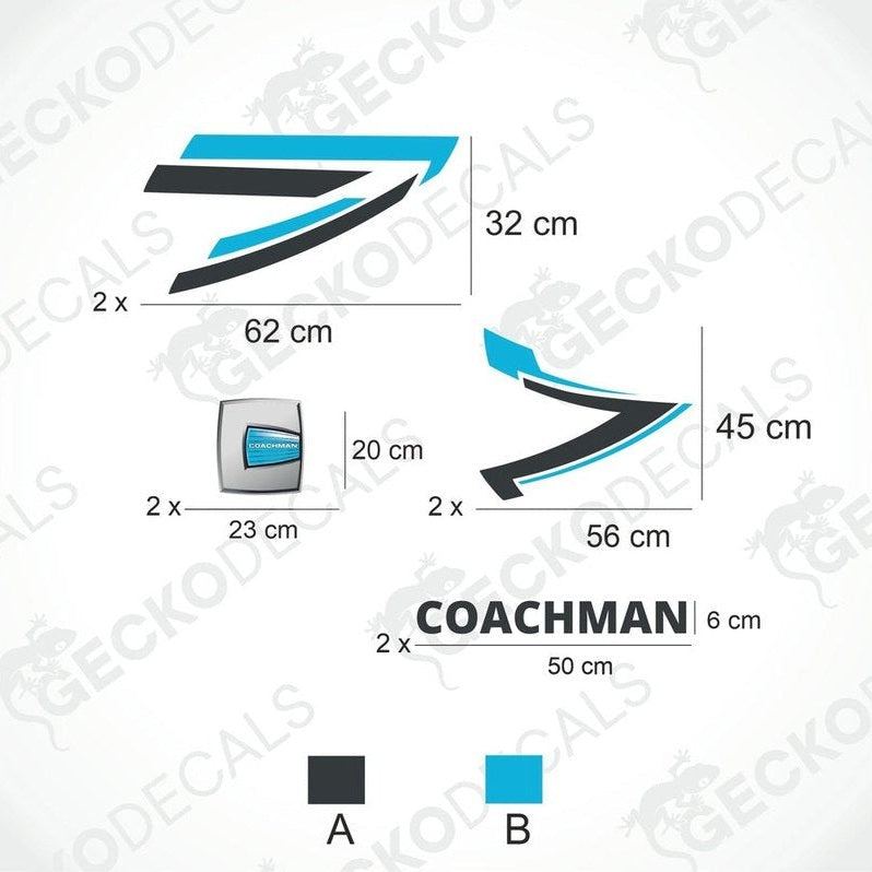 A set of vehicle decals for a Coachman caravan, including logos and geometric shapes in white, blue, and black colors.