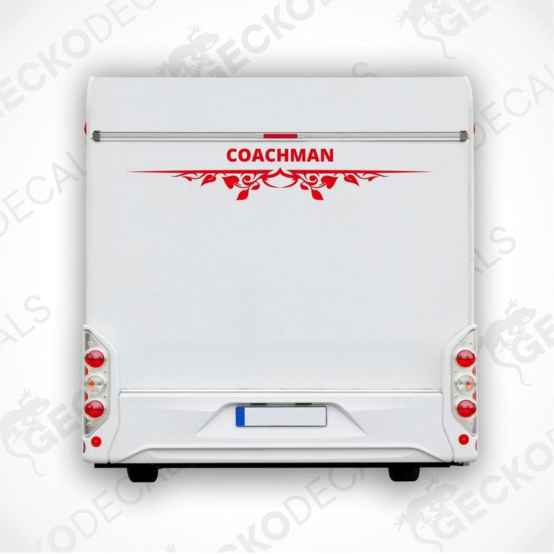 A white rear decal for a Coachman caravan featuring red text and decorative elements.