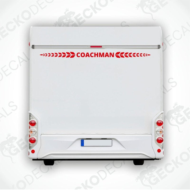 A white rear decal for a coachman's caravan with red text that reads 'COACHMAN'.