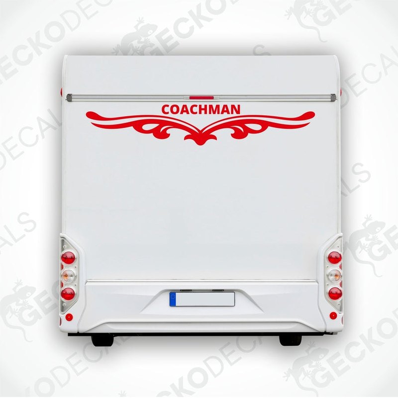 A white rear decal for a Coachman caravan featuring a red logo and decorative elements