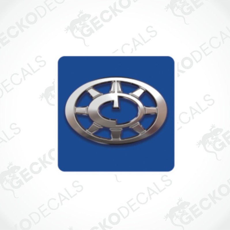 A blue decal with a silver compass design.