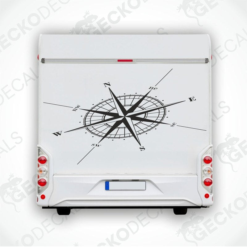 Compass rose caravan sticker applied to RV rear door