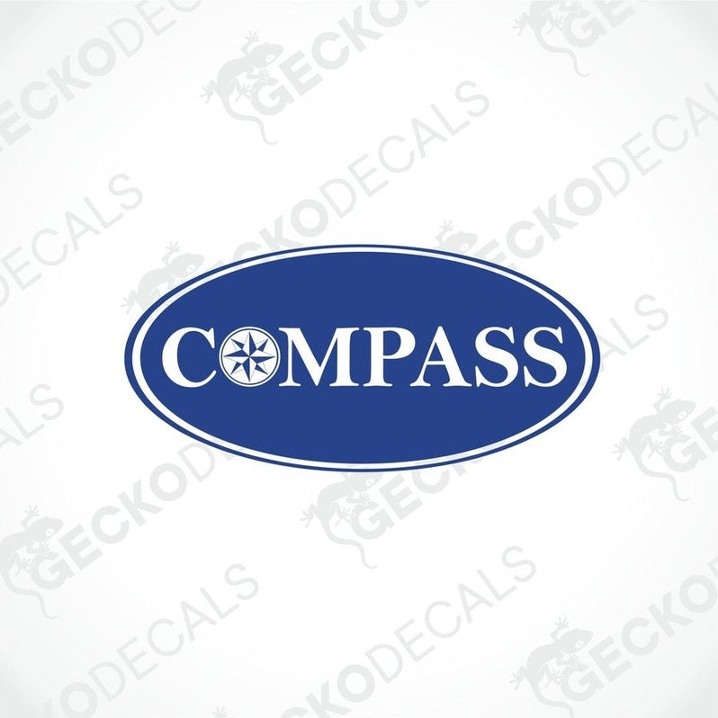 A printed and laminated sticker with the word 'COMPASS' in white letters on a blue background, oval shaped, with a white border.