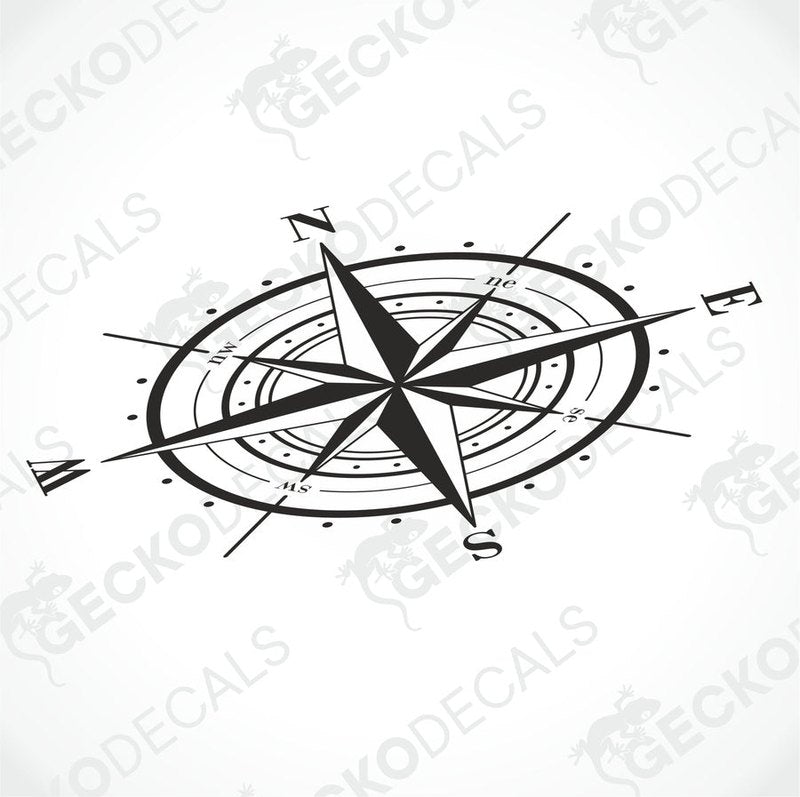 A white vehicle decal featuring a black compass design.