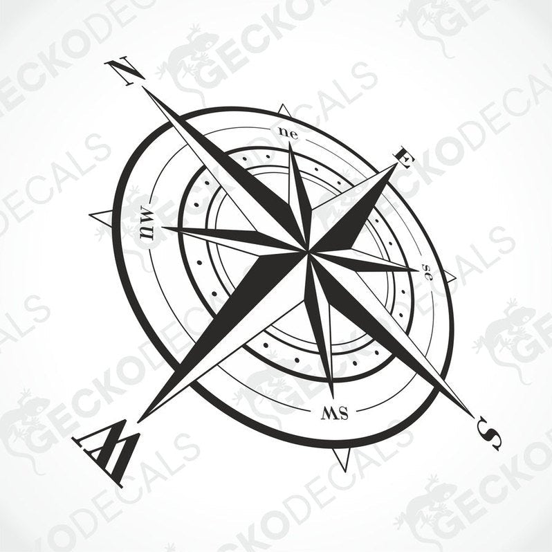 A white vehicle decal featuring a black and white compass design.