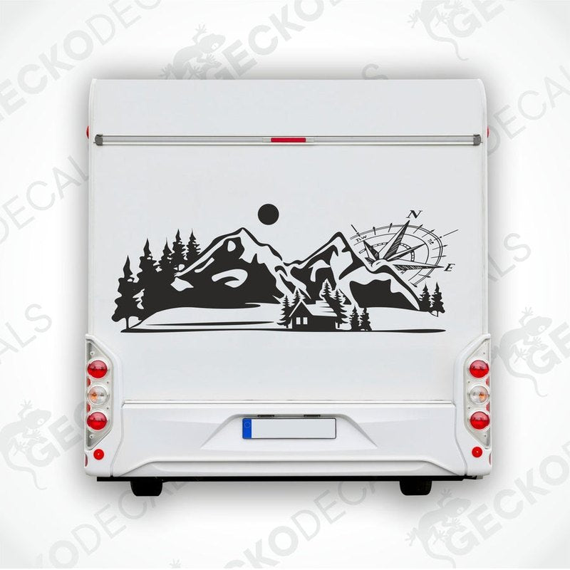 Black Compass Little House mountain decal on RV rear
