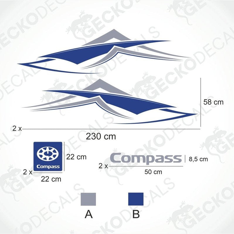 Compass Decal Set with blue grey mountain wave side stickers and logo text