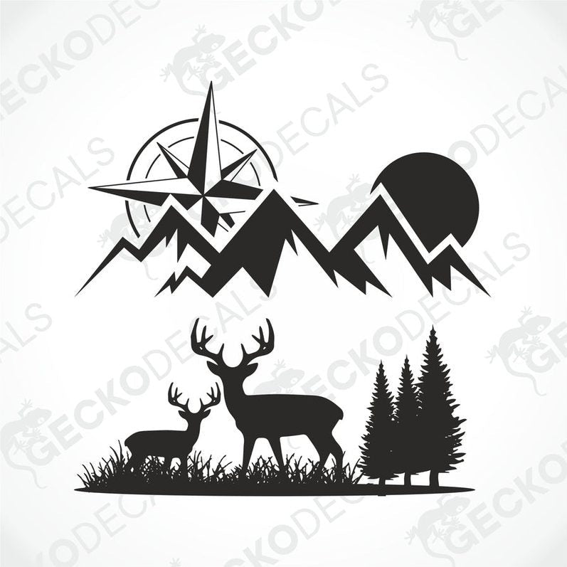 A black and white decal of a compass with mountains and deer on the front of a white vehicle.
