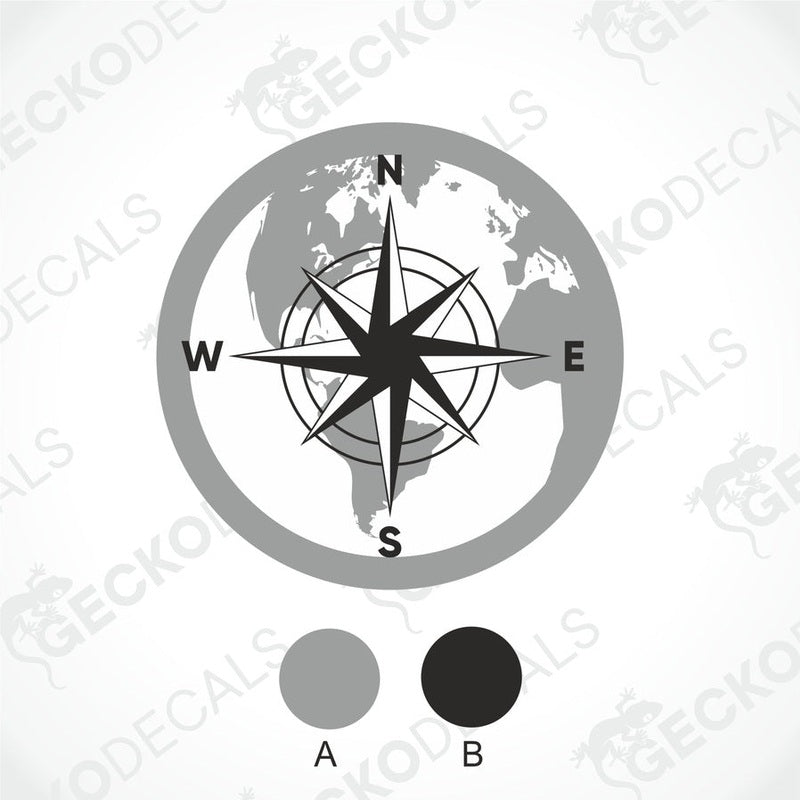Black and gray circular world map compass rose decal with cardinal directions