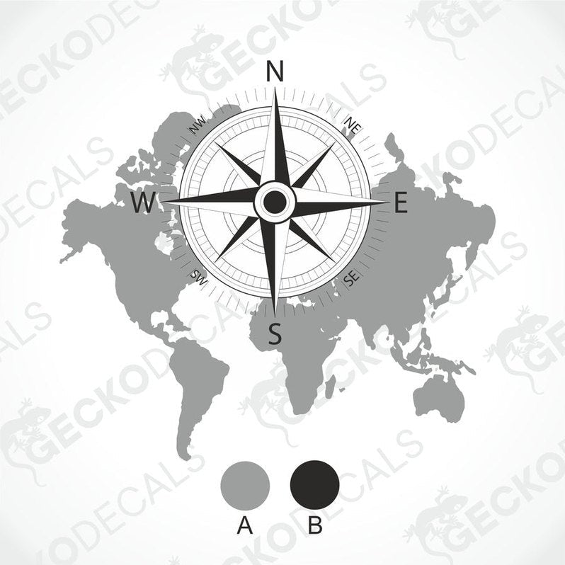Black and gray world map compass die-cut decal with cardinal directions