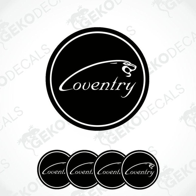 A set of four black vinyl stickers with the word 'COVENTRY' printed on them, arranged in a circular pattern with a logo-like design at the top.