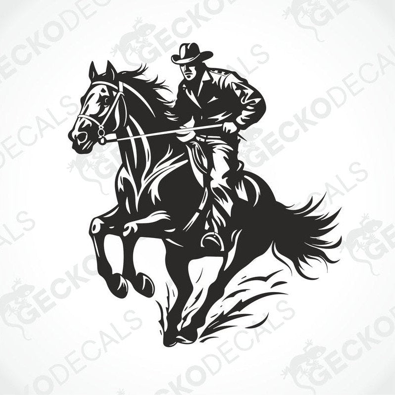A black and white die cut decal of a cowboy on a horse.