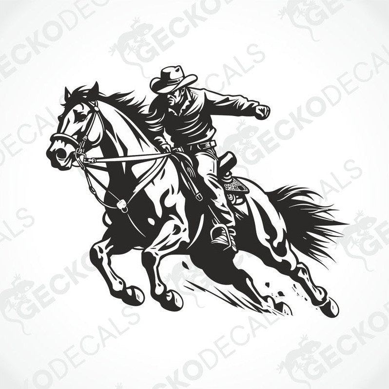 A black and white illustration of a cowboy riding a horse, created as a die cut decal.