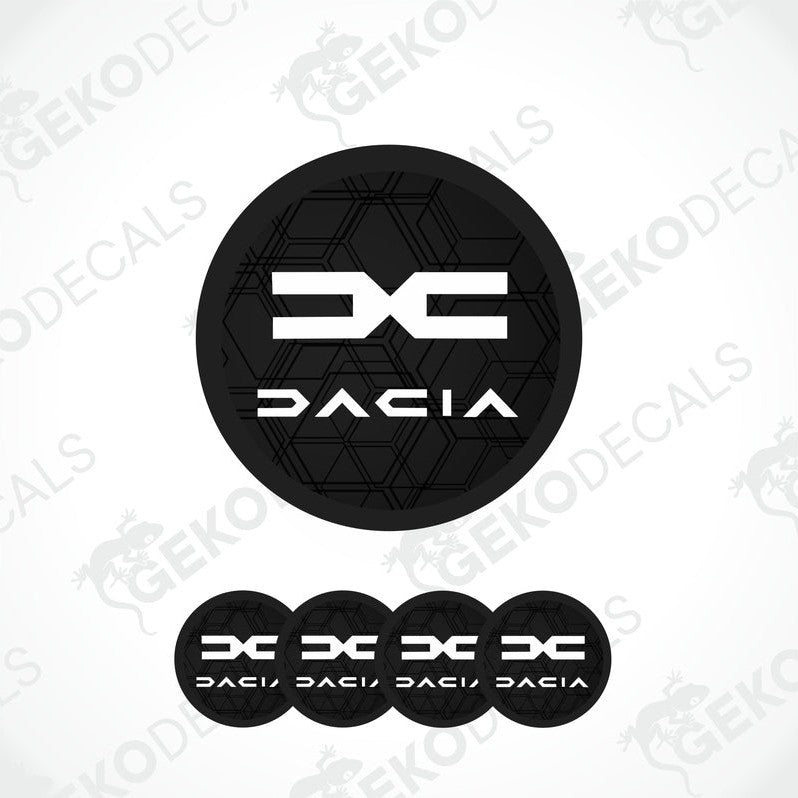 Set of four black vinyl decals with the DACIA logo, designed for use as car wheel stickers.