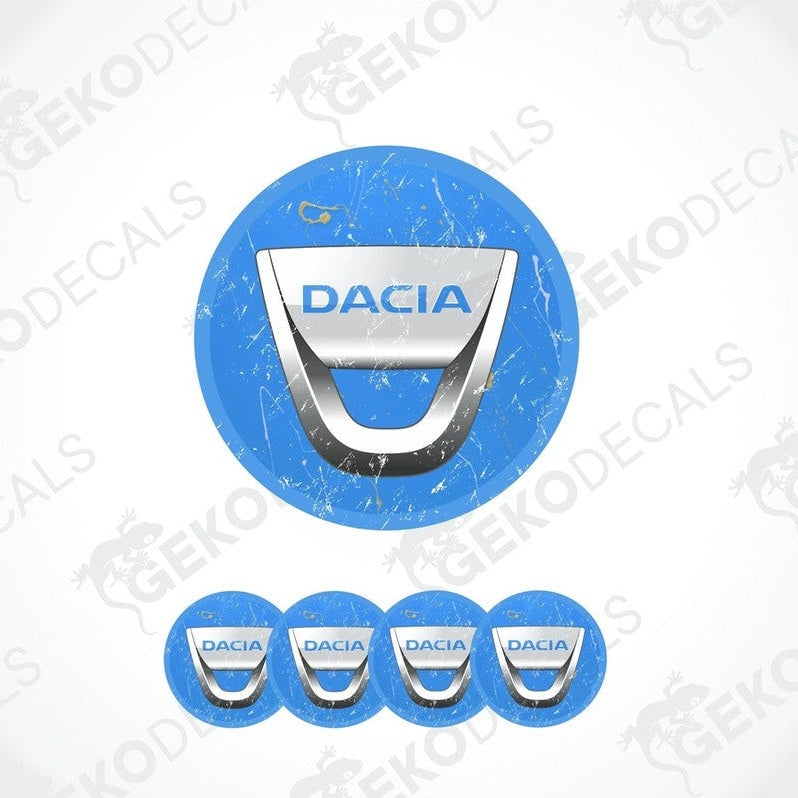 A set of vinyl decals with the DACIA logo, displayed on a blue background representing car stickers.