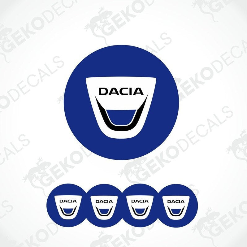 A set of four blue vinyl decals with the DACIA logo, displayed on a white background.