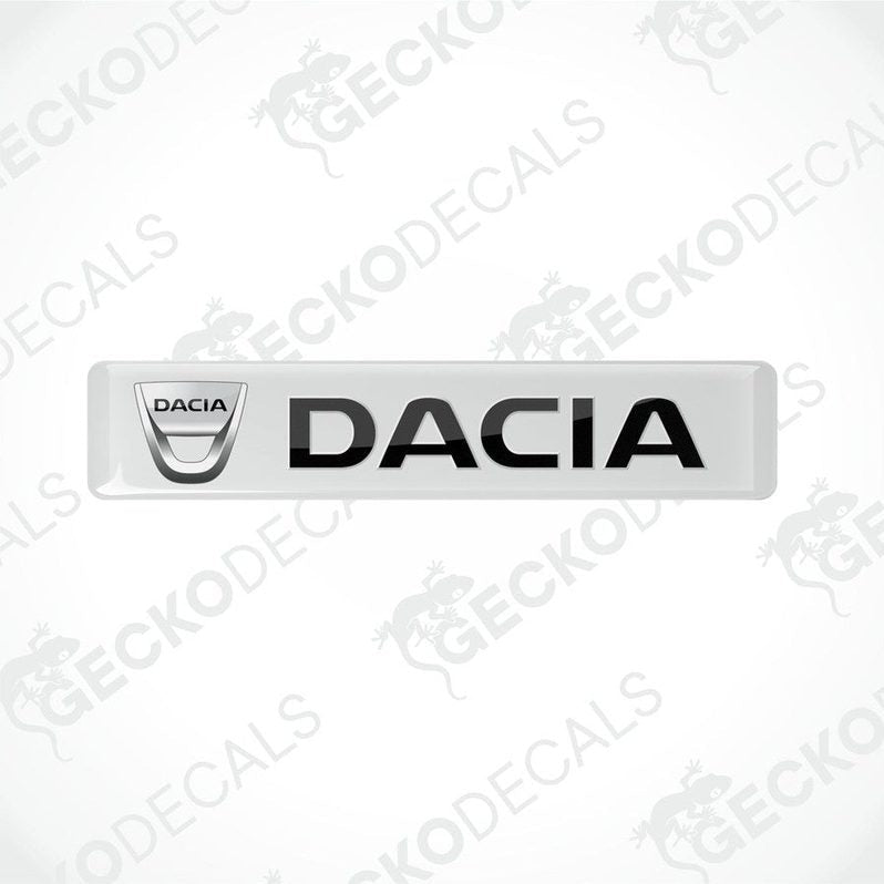 White vinyl stickers with the word 'DACIA' written in bold letters, placed against a white background.
