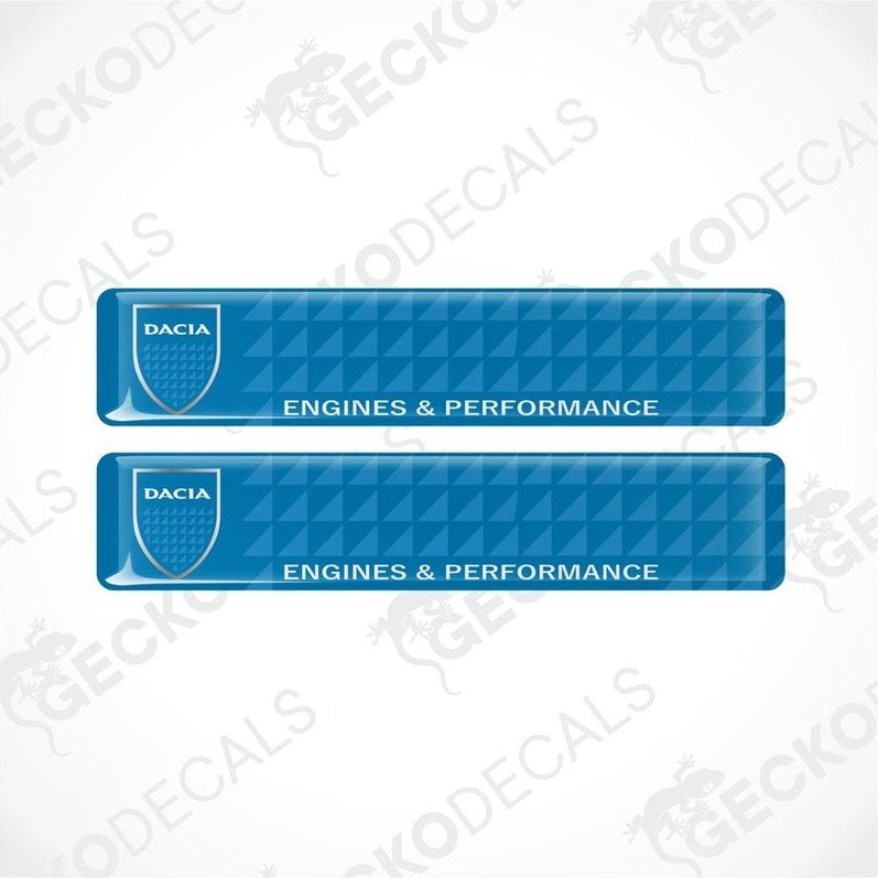 Two blue vinyl decals with the DACIA logo and the text 'ENGINES & PERFORMANCE', with a geometric pattern background.