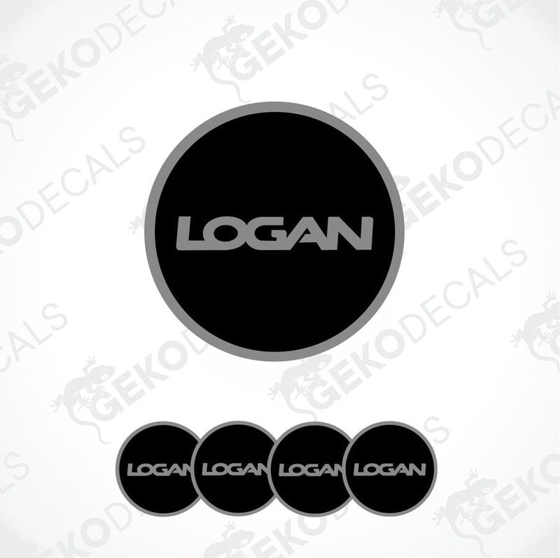 A set of four black vinyl stickers with the word 'LOGAN' printed on them, arranged in a circular pattern with a Gecko Decals logo in the background.