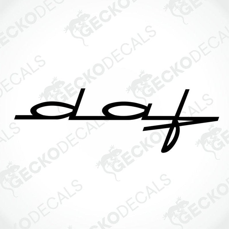 A decal of the DAF logo, primarily black in color, designed for use on vehicles or other surfaces.