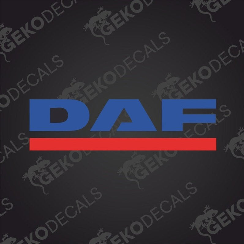 A decal with the letters DAF in blue and a red line beneath them.