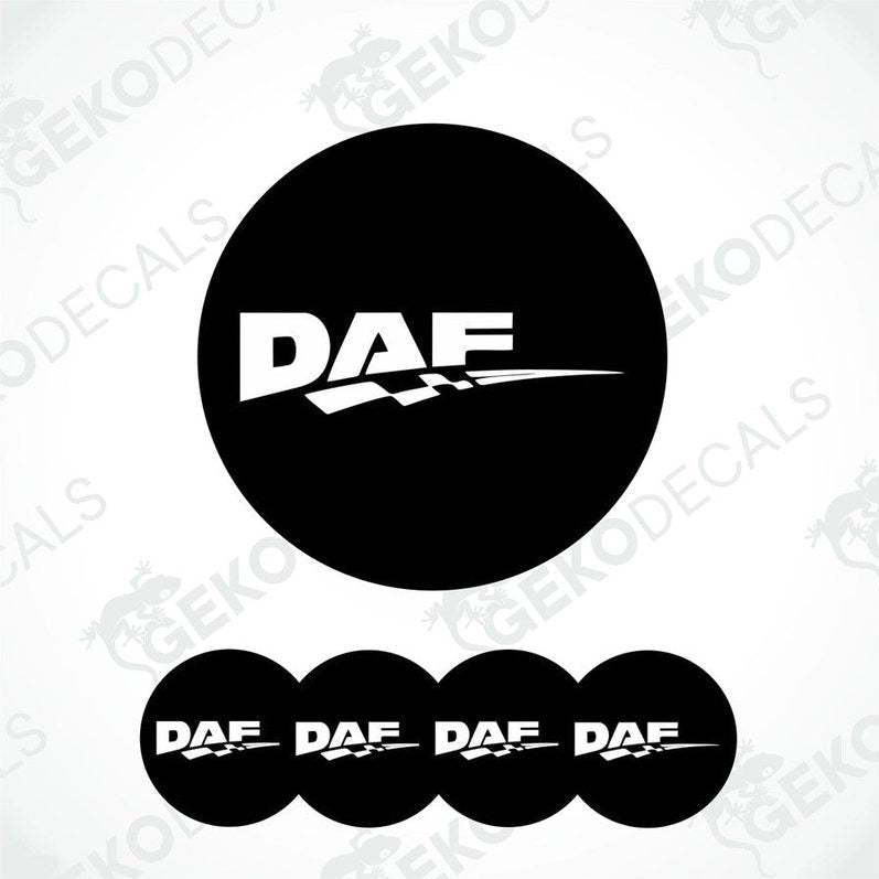 A set of four black vinyl stickers with the DAF logo printed on them, designed for use as wheel covers.