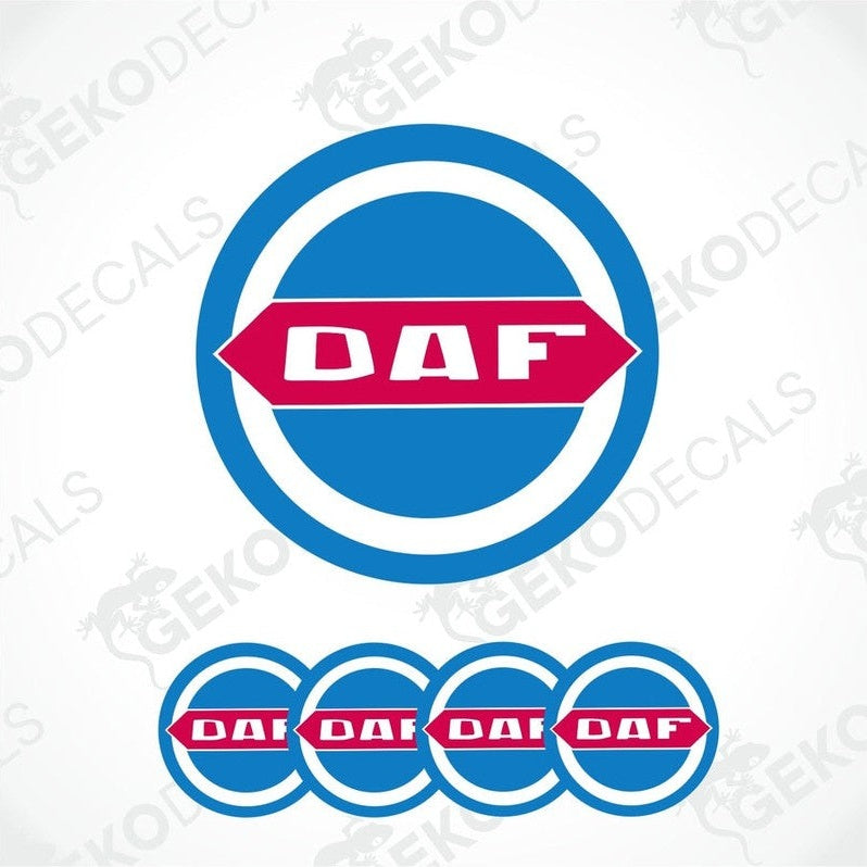 A set of four blue vinyl stickers with the DAF logo in white.