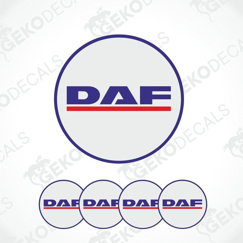 A set of four round vinyl stickers with a DAF logo design, including a blue and red color scheme on a white background.