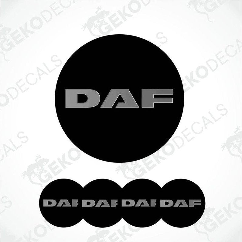 A set of four black vinyl stickers with the word 'DAF' printed on them, arranged in a circular pattern.